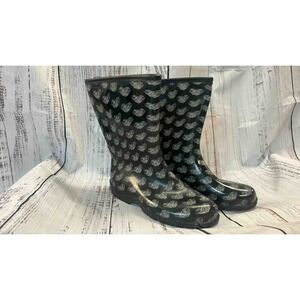 Womens Black Heart Print Rubber Rain Boots